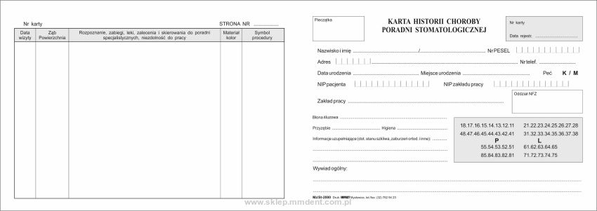 Historia choroby poradni stomatologicznej miękka 100szt.